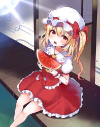1girl ascot blonde_hair bow day feet_out_of_frame flandre_scarlet food food_on_face frilled_shirt_collar frilled_skirt frilled_wrist_cuffs frills fruit hair_between_eyes hair_bow hat hat_ribbon highres holding holding_food holding_fruit holding_watermelon lens_flare long_hair looking_at_viewer mob_cap one_side_up outdoors puffy_short_sleeves puffy_sleeves red_bow red_eyes red_ribbon red_skirt red_vest ribbon ribbon-trimmed_hat satori_(kxdm8872) short_sleeves sitting skirt soaking_feet solo touhou veranda vest water watermelon watermelon_slice white_hat wrist_cuffs yellow_ascot