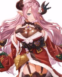 1girl bare_shoulders black_gloves black_sash blue_eyes bow braid breasts brown_thighhighs center_opening cleavage cowboy_shot crown_braid detached_sleeves draph dress fur-trimmed_dress fur-trimmed_sleeves fur_trim garter_straps gloves granblue_fantasy hair_bow hair_ornament hair_over_one_eye hand_on_own_chest highres holly_hair_ornament horns large_breasts long_hair looking_at_viewer low-tied_long_hair narmaya_(granblue_fantasy) narmaya_(holiday)_(granblue_fantasy) pink_hair pointy_ears pom_pom_(clothes) red_dress red_sleeves santa_costume santa_dress sash shi_noho side_braid signature skin_tight snowman_hair_ornament thighhighs wide_sleeves
