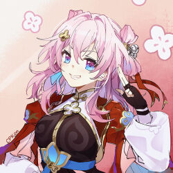 1girl artist_name bell belt black_gloves blue_belt blue_eyes breasts cat_princess chinese_clothes chinese_commentary clenched_teeth commentary_request earrings fingerless_gloves gloves hair_ornament hairpin honkai:_star_rail honkai_(series) jacket jewelry jingle_bell long_sleeves march_7th_(honkai:_star_rail) march_7th_(hunt)_(honkai:_star_rail) medium_breasts multicolored_eyes official_alternate_costume official_alternate_hairstyle pink_eyes pink_pupils puffy_sleeves red_jacket shuangyaji single_earring smile solo teeth two-tone_eyes upper_body white_sleeves