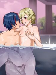 Rule 34 | 1boy, 1girl, absurdres, alear (fire emblem), alear (male) (fire emblem), atramada, blue hair, breasts, citrinne (fire emblem), commission, completely nude, couple, crossed bangs, earrings, fire emblem, fire emblem engage, gold earrings, hetero, highres, hoop earrings, jewelry, looking at another, medium breasts, mismatched earrings, multicolored hair, nintendo, nipples, nude, partially submerged, partially underwater shot, pool, red hair, sex, split-color hair, two-tone hair, underwater, underwater sex, vaginal, water