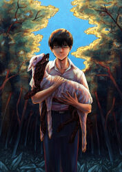 1boy absurdres belt black_hair body_horror collarbone collared_shirt dress_shirt guro hair_between_eyes highres hikaru_ga_shinda_natsu lamb lips looking_at_viewer male_focus mole mole_on_cheek mole_under_eye mole_under_mouth multiple_moles outdoors pants school_uniform sheep shirt short_hair short_sleeves solo tree tsujinaka_yoshiki vaimetanyx white_shirt wolf