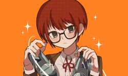 1girl black-framed_eyewear blush danganronpa_(series) danganronpa_2:_goodbye_despair dress_shirt frown glasses hands_up holding holding_shoes holding_unworn_clothes koizumi_mahiru kun_(oxx_kn_xxo) neck_ribbon orange_background red_ribbon ribbon semi-rimless_eyewear shirt shoes simple_background solo sparkle star_(symbol) unworn_shoes