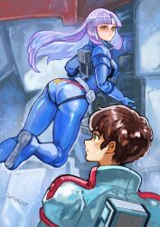 Rule 34 | 1boy, 1girl, 2025, absurdres, aeug, argama, ass, belt, belt pouch, blue bodysuit, bodysuit, cockpit, dated, gundam, gundam zz, hangar, highres, judau ashta, long hair, looking at ass, mecha, mecha pilot suit, mobile suit, normal suit (gundam), okrdisk2000, open cockpit, open hatch, pilot chair, pouch, purple hair, robot, roux louka, science fiction, spacecraft, spacecraft interior, zero gravity, zeta gundam (mobile suit)