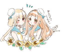 2girls bare_shoulders blue_sailor_collar blush brown_eyes brown_hair closed_mouth commentary_request dress flower futaba_anzu hat highres ichihara_nina idolmaster idolmaster_cinderella_girls idolmaster_cinderella_girls_starlight_stage long_hair mini_hat multiple_girls notice_lines one_eye_closed rino_cnc sailor_collar sailor_dress sailor_hat simple_background sleeveless sleeveless_dress tilted_headwear translation_request twitter_username v-shaped_eyebrows very_long_hair white_background white_dress white_hat yellow_flower