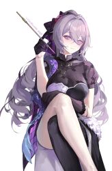1girl absurdres blush breasts bronya_zaychik bronya_zaychik_(heart_of_the_night) bronya_zaychik_(silverwing:_n-ex) chinese_clothes crossed_legs drill_hair grey_eyes grey_hair hair_between_eyes highres honkai_(series) honkai_impact_3rd large_breasts light_smile long_hair looking_at_viewer official_alternate_costume pink_pupils smoking_pipe solo thighs tutou_jiang twin_drills white_background