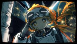 1girl astronaut blonde_hair bright_pupils brown_eyes earth_(planet) head-mounted_display highres korean_commentary looking_at_viewer low_twintails original planet pungsun salute satellite signature sky smile solo space spacesuit star_(sky) star_(symbol) starry_sky twintails white_pupils