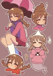 ! 1girl =_= artist_name bike_shorts black_shorts blood blush_stickers braid brown_background brown_hair bug closed_eyes corrupted_twitter_file deformed disembodied_head facing_viewer fly ghost highres holding holding_umbrella insect kneehighs long_hair long_sleeves low_twin_braids madotsuki multiple_views outline pink_sweater pink_umbrella poop poop_on_head red_skirt shorts simple_background sitting skirt small_sweatdrop socks sofo_soup sweater triangular_headpiece twin_braids umbrella white_outline white_socks yume_nikki