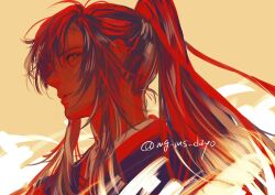 Rule 34 | 1boy, black hanfu, chinese clothes, closed mouth, from side, hair ribbon, hanfu, limited palette, long hair, looking at viewer, male focus, mg ms dayo, modao zushi, ponytail, portrait, profile, red ribbon, red theme, ribbon, sidelocks, simple background, smile, solo, twitter username, upper body, wei wuxian, yellow background