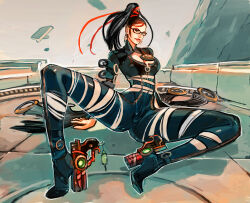 1girl 2017 absurdly_long_hair ankle_gun anus arm_support ass bayonetta bayonetta_(series) beehive_hairdo black-framed_eyewear black_bodysuit black_hair bodysuit boots breasts brooch cleavage cleavage_cutout closed_mouth clothing_cutout commentary earrings female_focus floating_hair full_body gameplay_mechanics glasses gluteal_fold green_eyes hair_ribbon head_tilt high_heel_boots high_heels jewelry joel_jurion large_breasts leg_up lips living_clothes long_hair long_legs looking_at_viewer mole mole_under_mouth navel nipples nose outdoors ponytail prehensile_hair red_lips ribbon shadow sitting solo spread_legs thick_lips transformation undressing variant_set very_long_hair