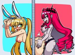 2girls @_@ artoria_caster_(fate) artoria_caster_(swimsuit_berserker)_(fate) artoria_caster_(swimsuit_berserker)_(second_ascension)_(fate) artoria_pendragon_(fate) baobhan_sith_(fate) blonde_hair blush bound bound_wrists breasts dildo fang fate/grand_order fate_(series) green_eyes grey-framed_eyewear hair_ornament highres itakeabite long_hair multiple_girls nipples nude pointy_ears sex sex_from_behind sex_toy smile strap-on sweat textless_version twintails vaginal yuri