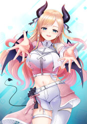 1girl black_pants black_tail blonde_hair blue_eyes breasts cowboy_shot demon_girl demon_horns demon_tail demon_wings highres hololive hololive_idol_uniform_(color_rise) horns large_breasts long_hair navel official_alternate_costume pants pink_shirt pink_skirt pointy_ears reaching reaching_towards_viewer shirt single_bare_leg single_bare_shoulder skirt solo tail virtual_youtuber white_shirt wings yappy_(yapis_company) yuzuki_choco