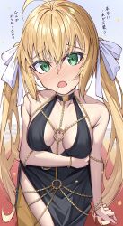 1girl absurdres ahoge artoria_caster_(fate) artoria_pendragon_(fate) bare_shoulders bb_(fate) bb_dubai_(fate) bb_dubai_(fate)_(cosplay) belly_chain black_dress blonde_hair blush breasts chain cleavage cosplay dress fate/grand_order fate_(series) gold_chain hair_ribbon highres jewelry long_hair looking_at_viewer medium_breasts open_mouth ribbon side_slit solo thighs toukan translation_request twintails