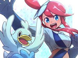 1girl :d blue_eyes blue_jacket breasts clenched_hand commentary_request cropped_jacket ducklett eyelashes gen_5_pokemon gloves hair_ornament happy jacket kotobukkii_(yt_lvlv) nintendo one_side_up open_mouth pokemon pokemon_(creature) pokemon_bw sidelocks skyla_(pokemon) smile teeth tongue upper_teeth_only watermark