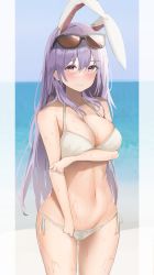 1girl 258n absurdres animal_ears bikini blush breast_hold breasts cleavage cowboy_shot eyewear_on_head goggles goggles_on_head highres large_breasts long_hair navel panties purple_hair rabbit_ears reisen_udongein_inaba side-tie_bikini_bottom side-tie_panties small_hands solo sunglasses swimsuit touhou underwear wet white_bikini