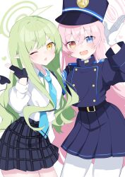 black_gloves blue_archive blue_eyes commentary cosplay costume_switch crossed_bangs demon_tail double-parted_bangs fang fingerless_gloves gloves green_hair green_halo halo harebare_yurata heterochromia highres hikari_(blue_archive) hoshino_(blue_archive) long_sidelocks looking_at_viewer pantyhose pink_hair pink_halo plaid_clothes plaid_skirt pointy_ears sidelocks skin_fang skirt smile tail white_gloves white_pantyhose yellow_eyes