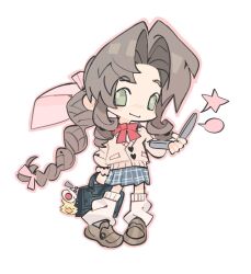 1girl aerith_gainsborough alternate_costume animal_charm bag black_bag blue_skirt bow bowtie braid braided_ponytail brown_hair brown_shoes cardigan charm_(object) chibi chibi_only chocobo final_fantasy final_fantasy_vii full_body green_eyes hair_ribbon highres holding holding_bag holding_phone lentymet loafers long_hair loose_socks moogle parted_bangs phone pink_cardigan pink_ribbon plaid_clothes plaid_skirt red_bow red_bowtie ribbon school_uniform shoes sidelocks single_braid skirt smile socks solo white_background