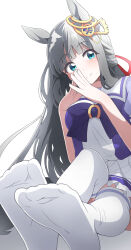 1girl animal_ears blue_eyes blush chrono_genesis_(umamusume) closed_mouth grey_hair highres horse_ears long_hair looking_at_viewer nel-c no_shoes paid_reward_available ribbon school_uniform sitting smile soles solo thighhighs tracen_school_uniform umamusume white_background white_thighhighs
