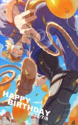 1boy balloon beard_stubble black_boots blonde_hair blue_jacket blue_pants blue_sky blurry blurry_background blush boots building cigar dated facial_hair from_above goggles goggles_on_head hair_slicked_back happy_birthday highres holding holding_rope jacket male_focus one_eye_closed one_piece pants paulie_(one_piece) qin_(7833198) rope sky smile solo stubble teeth