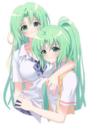 2girls absurdres arm_around_shoulder breasts closed_mouth collared_shirt cropped_torso green_eyes green_hair green_necktie hair_ribbon hand_on_another&#039;s_chest hand_on_another&#039;s_hip hand_on_another&#039;s_waist highres higurashi_no_naku_koro_ni large_breasts long_hair looking_at_viewer multiple_girls necktie nyako_(x_nyako_x) open_clothes open_vest parted_bangs ponytail ribbon shirt short_sleeves siblings simple_background sisters smile sonozaki_mion sonozaki_shion twins vest white_background white_shirt yellow_ribbon yellow_vest