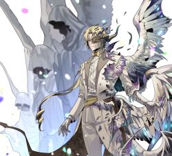 1boy absurdres angel_statue bat_wings belt black_eyes blonde_hair bow bowtie chromatic_aberration closed_mouth coat coattails collared_shirt cowboy_shot curly_hair fate/grand_order fate_(series) feathered_wings fingernails fog_fgo gloves half_mask highres lapels long_hair long_sleeves looking_at_viewer male_focus mask multiple_wings open_clothes open_coat pants peaked_lapels scales sharp_fingernails shirt simple_background solo statue traditional_bowtie tuxedo very_long_fingernails very_long_hair white_background white_coat white_gloves white_pants white_shirt wing_collar wings wolfgang_amadeus_mozart_(fate) wolfgang_amadeus_mozart_(fgo_fes._2025)_(fate) yellow_belt yellow_bow yellow_bowtie