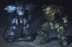 Rule 34 | arms at sides, chain mine, commentary, english commentary, firebrush, full body, glowing, glowing eye, gun, gundam, gundam 0080, holding, holding gun, holding weapon, horns, kampfer (mobile suit), looking at viewer, mecha, mecha focus, mixed-language commentary, mobile suit, no humans, one-eyed, open hand, red eyes, road, robot, science fiction, shadow, shoulder spikes, single horn, spikes, standing, thrusters, weapon, zaku ii fz kai, zeon