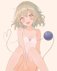 1girl :d absurdres bare_legs bare_shoulders barefoot blush check_commentary collarbone commentary_request green_hair heart heart_of_string highres iris-san komeiji_koishi looking_at_viewer open_mouth sitting smile solo strap_slip string striped_background third_eye touhou