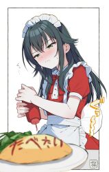 1girl :&lt; apron blush dddd_akagi dress food frilled_apron frills gakuen_idolmaster green_eyes green_hair hair_flaps highres hungry idolmaster ketchup ketchup_bottle long_hair maid_apron maid_headdress nose_blush omelet omurice puffy_short_sleeves puffy_sleeves red_dress short_sleeves signature solo sweatdrop tsukimura_temari very_long_hair white_apron