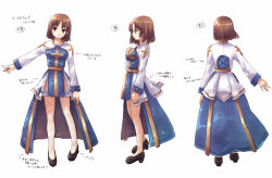 1girl adapted_costume arch_bishop_(ragnarok_online) black_footwear blue_dress blush brown_eyes brown_hair reference_sheet closed_mouth cross dress fishnet_thighhighs fishnets full_body high_heels jewelry legs looking_afar looking_to_the_side multiple_views pelvic_curtain ragnarok_online revision sash shoes short_hair simple_background smile thighhighs translation_request turnaround two-tone_dress white_background white_dress white_thighhighs yakka yellow_sash