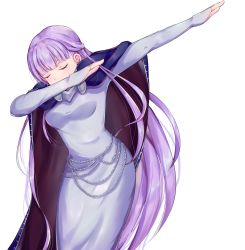 1girl absurdres blue_dress breasts cape cloak closed_eyes commission commissioner_upload dab_(dance) dress eikop feathers fire_emblem fire_emblem:_the_binding_blade highres jewelry long_hair long_sleeves md5_mismatch medium_breasts nintendo purple_hair resolution_mismatch signature simple_background solo sophia_(fire_emblem) source_smaller