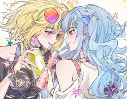 2girls absurdres bang_dream! bang_dream!_it&#039;s_mygo!!!!! black_shirt blue_bow blue_hair blush bottle bow bracelet can chinese_commentary closed_mouth clothing_cutout commentary_request ear_piercing earrings eyewear_on_head glint gradient_eyes hair_between_eyes hair_bow hero45439083942 highres holding holding_bottle holding_can jewelry linked_piercing long_hair misumi_uika multicolored_eyes multiple_girls open_mouth piercing purple_eyes ramune ring shirt shoulder_cutout sidelocks togawa_sakiko upper_body white_shirt yellow_eyes