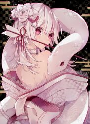 Rule 34 | 1girl, animal, arrow (projectile), bare back, bow, checkered background, chinese zodiac, choker, commentary request, egasumi, flower, from behind, hair flower, hair ornament, hamaya, highres, japanese clothes, kanzashi, kimono, lace, lace-trimmed kimono, lace choker, lace trim, long hair, looking back, luna s210, mouth hold, new year, obi, off shoulder, original, pink eyes, sash, solo, white hair, year of the snake