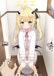 1boy 1girl :o asymmetrical_hair bar_censor black_horns black_ribbon black_tail black_wings blonde_hair blue_archive censored commentary_request demon_girl demon_horns demon_tail demon_wings hair_ribbon halo highres horns ibuki_(blue_archive) indoors large_variant_set loli long_hair long_sleeves looking_at_viewer neck_ribbon on_toilet paid_reward_available panties panty_pull parted_lips pointy_ears pussy red_ribbon ribbon shirt shokupan_(slvk12) side_ponytail sitting solo_focus tail textless_version toilet_use underwear variant_set white_panties white_shirt wings yellow_eyes yellow_halo