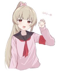 Rule 34 | 1girl, armband, black sailor collar, blonde hair, blush, cropped torso, fang, highres, long hair, long sleeves, looking at viewer, natori sana, natori sana (school uniform), neckerchief, open mouth, pink nails, pink shirt, ponytail, red armband, red eyes, red neckerchief, sailor collar, sana channel, sanz zzz, school uniform, serafuku, shirt, simple background, solo, virtual youtuber, white background