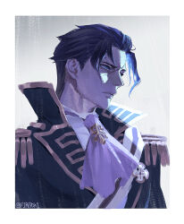 1boy @_(symbol) ace_attorney artist_name ascot barok_van_zieks border collared_jacket curtained_hair firepok grey_eyes hair_slicked_back highres jacket male_focus military_jacket scar scar_on_face shirt sidelocks solo the_great_ace_attorney upper_body white_ascot white_border white_shirt