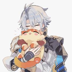Rule 34 | 1boy, antenna hair, armor, black shirt, blue cape, cape, chimera (honkai: star rail), closed eyes, coat, commentary request, creature, gomenne oyu, highres, holding, holding creature, honkai: star rail, honkai (series), hug, male focus, parted bangs, pauldrons, phainon (honkai: star rail), shirt, short hair, shoulder armor, simple background, single pauldron, solo, white background, white coat, white hair