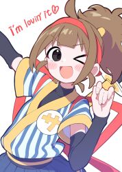 &gt;_o 1girl :d absurdres back_bow black_eyes blue_shirt blush_stickers bow brown_hair detached_sleeves fingernails hairband hashtag-only_commentary highres imadake_dabuchi_tabemi japanese_clothes kimono long_hair mcdonald&#039;s one_eye_closed open_mouth ponytail red_bow red_hairband samurai_tamago_tabemi shirt short_sleeves slogan smile solo striped_clothes striped_kimono sutora_binsuke v-shaped_eyebrows vertical-striped_clothes vertical-striped_kimono white_background white_shirt