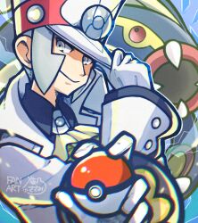 Rule 34 | 1boy, ascot, black shirt, closed mouth, coat, collared shirt, commentary request, eelektross, emmet (pokemon), emmet (sygna suit) (pokemon), gen 5 pokemon, grey eyes, hand on headwear, hat, highres, holding, holding poke ball, long sleeves, looking at viewer, male focus, nintendo, official alternate costume, poke ball, poke ball (basic), pokemon, pokemon (creature), pokemon masters ex, sasami 642, shirt, sideburns, signature, white coat, white hat, yellow ascot
