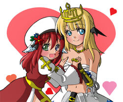 2girls arch_bishop_(ragnarok_online) black_gloves black_wings blonde_hair blue_eyes blue_flower blush breasts chest_sarashi closed_mouth clothes_around_waist commentary_request cowboy_shot cross crown demon_wings dress flower gauntlets gloves green_eyes hat hat_flower hat_ornament head_wings heart interlocked_fingers juliet_sleeves leaf_hat_ornament long_hair long_sleeves looking_at_viewer lowres medium_breasts monou0135 multiple_girls open_mouth puffy_sleeves ragnarok_online red_dress red_flower red_hair sarashi sash shirt shirt_around_waist smile sura_(ragnarok_online) tam_(ragnarok_online) two-tone_dress white_background white_dress white_hat white_shirt wings yellow_sash