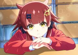 1girl anime_coloring artist_request black_choker black_ribbon bow box breasts brown_hair cardboard_box choker close-up closed_mouth desk dragon_musume_ni_naritakunai! duel_masters elbows_on_table hair_ornament hair_ribbon hairpin head_on_hand highres hood hoodie indoors long_hair looking_at_viewer maguma_mega official_art red_hair red_hoodie ribbon school_desk shirt shoes sidelocks sitting white_shirt worried yellow_eyes