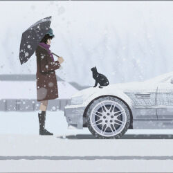 1girl absurdres animal bmw_3_series bmw_m3 car cat ccyyyb day full_body highres holding holding_umbrella looking_at_animal motor_vehicle on_car shiina_mayuri sitting snow snowing solo steins;gate umbrella