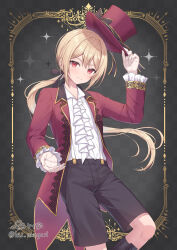 1boy androgynous arm_up between_fingers bishounen black_bow black_hair black_shorts blonde_hair blush border bow center_frills checkered_background closed_mouth collared_shirt commentary commission double-parted_bangs english_commentary feet_out_of_frame floating_hair floral_print frilled_sleeves frills gloves gold_trim grey_background hair_bow hat hat_bow hat_tip highres holding holding_unworn_clothes holding_unworn_hat inset_border jacket knee_up lapels leaning_back long_hair looking_at_viewer low_ponytail magician male_focus notched_lapels omagari_kei open_clothes open_hand open_jacket original ornate_border ponytail print_gloves red_eyes red_hat red_jacket rose_print shirt shirt_tucked_in shorts sidelocks signature skeb_commission smile solo suspender_shorts suspenders tailcoat top_hat transparent_gloves twitter_username unworn_hat unworn_headwear very_long_hair white_shirt wing_collar