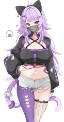 1girl absurdres ahoge animal_ear_piercing animal_ears asymmetrical_legwear black_choker black_jacket blunt_bangs breasts cat_ears cat_girl cat_tail choker cleavage clothing_cutout cowboy_shot criss-cross_halter crop_top fishnet_thighhighs fishnets food_print hair_intakes hair_ornament hairclip halterneck hand_on_own_hip haseneko heart_cutout highres hololive jacket large_breasts light_blush long_hair looking_at_viewer mask mismatched_legwear mouth_mask navel nekomata_okayu nekomata_okayu_(personya_respect) o-ring o-ring_choker official_alternate_costume onigiri_print open_clothes open_fly open_jacket pantyhose puffy_sleeves purple_eyes purple_hair purple_pantyhose short_shorts shorts sidelocks simple_background single_thighhigh solo stomach straight-on tail tail_scrunchie thighhighs torn_clothes white_background white_shorts