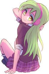 1girl blue_eyeshadow caibao_return colored_skin commentary_request crystal_prep_academy_school_uniform eyeshadow green_hair headphones lemon_zest looking_at_viewer makeup my_little_pony my_little_pony:_equestria_girls my_little_pony:_friendship_is_magic pink_skin plaid_clothes plaid_skirt purple_shirt purple_skirt school_uniform shirt simple_background sitting skirt smile solo white_background yellow_eyes