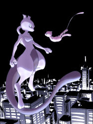city engawa1001 eye_contact face-to-face floating flying full_body gen_1_pokemon highres horns legendary_pokemon looking_at_another mew_(pokemon) mewtwo mythical_pokemon neon_lights night night_sky nintendo pokemon pokemon_(creature) purple_eyes sky tail