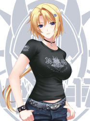1girl belt blonde_hair bracelet choker denim ellen_aice english_text fashion hair_ornament hairclip insignia jeans jewelry looking_at_viewer military miyata_sou muv-luv muv-luv_alternative muv-luv_unlimited:_the_day_after necklace pants parted_lips purple_eyes shirt short_hair taut_clothes taut_shirt