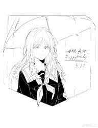 1girl absurdres bang_dream! bang_dream!_it&#039;s_mygo!!!!! chinese_commentary closed_mouth commentary_request dated dkl_(dinosaurkl2) greyscale happy_birthday highres long_hair monochrome nagasaki_soyo neckerchief rain school_uniform sidelocks solo tsukinomori_school_uniform umbrella upper_body