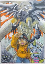 Rule 34 | digimon, digimon (creature), gabumon, gottsumon, hat, highres, horns, mameo (digimon), rock, saberdramon, smile, tail, yellow eyes