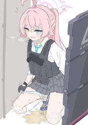 1girl absurdres ahoge black_gloves black_vest blue_archive blue_eyes blue_necktie blush bulletproof_vest collared_shirt gloves halo heterochromia highres hoshino_(armed)_(blue_archive) hoshino_(blue_archive) long_hair long_sleeves miniskirt mizusaki_(kn27) necktie open_mouth panties panty_pull pee peed_self peeing peeing_self pink_hair pink_halo plaid_clothes plaid_skirt pleated_skirt ponytail shield shirt skirt socks solo underwear vest wet wet_clothes white_panties white_shirt white_socks yellow_eyes