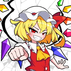 1girl ascot blonde_hair breaking crystal crystal_wings fang flandre_scarlet grin hat highres looking_at_viewer mob_cap puffy_sleeves red_eyes red_vest short_sleeves side_ponytail smile solidus_(sword_cube) solo touhou upper_body vest wings yellow_ascot