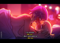 Rule 34 | 2girls, artist name, bang dacy, bed, blonde hair, blush, breasts, completely nude, english text, eye contact, girl on top, hand on another&#039;s face, large breasts, looking at another, medium breasts, multiple girls, nude, on bed, pillow, purple hair, ramona flowers, ribs, roxie richter, scott pilgrim (series), short hair, subtitled, tears, under covers, yuri
